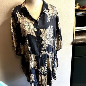Free People Gray and Cream Floral Mini Dress sz Large oversized